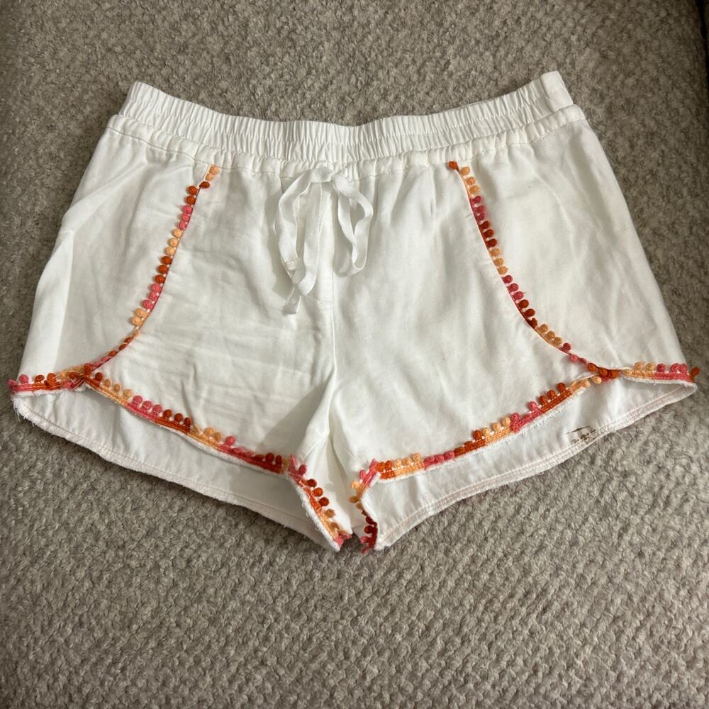 Loft Women's Shorts White w/Pink Peach Pom Pom Fringe Trim Size S